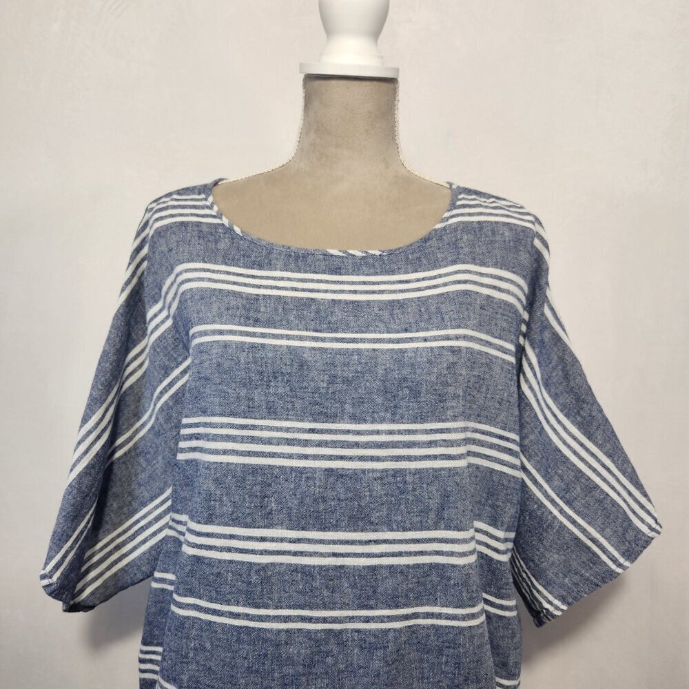 Beach Lunch Lounge Size Large Blue White Linen Blend Boxy Striped Side Tie Top - Picture 4 of 13